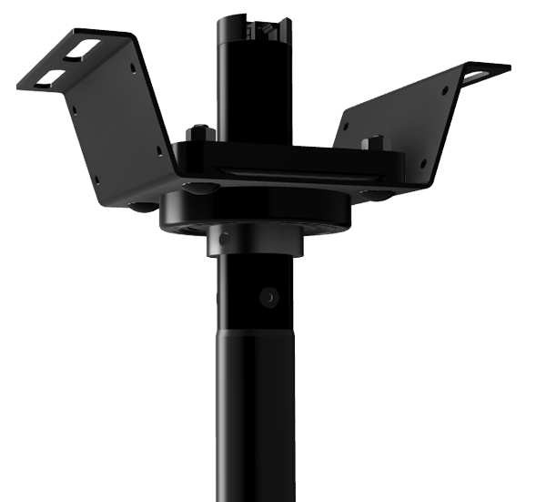 The top of a pole in its bracket. Two slotted flanges reach out to the mounting surface, hex bolts hold the bearing housing to the bracket plate, and a collar with a set screw is clamped to the tube just below the bearing.