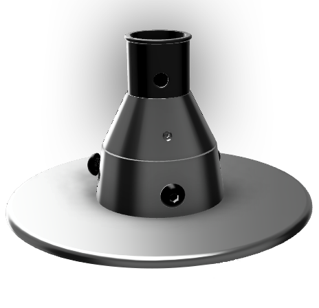 The bearing unit on the stage plate with the adapter sleeve seated in the bore, seen from above and to one side.