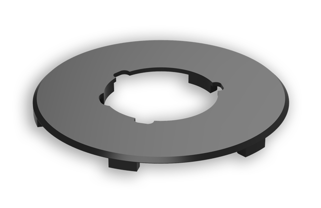The cable cover on its own: a flat ring with a keyed opening in the middle and four small tabs on its underside.
