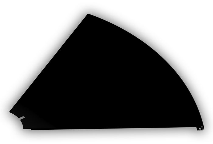 A single wedge-shaped black floor plate seen from above. A small half-round notch is cut into the short inner edge at the narrow end.