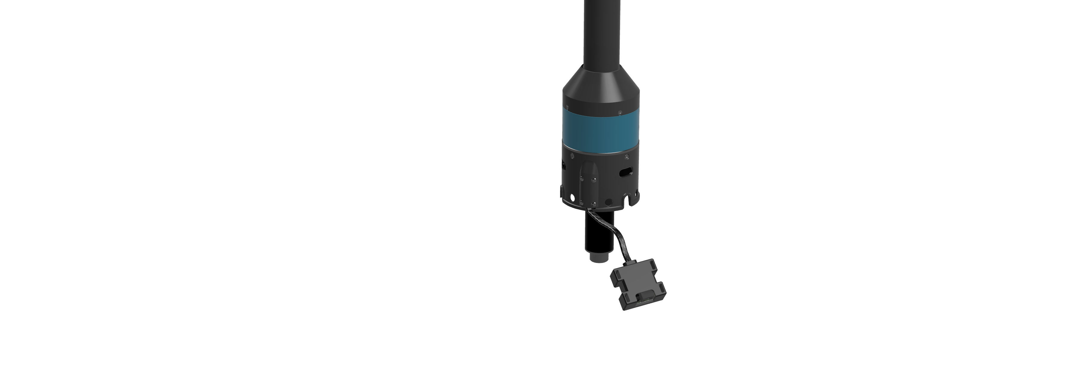 The bottom of the pole on its own. Below the base fitting a short spigot points down, and a flat lead runs out of the base to a rectangular connector.