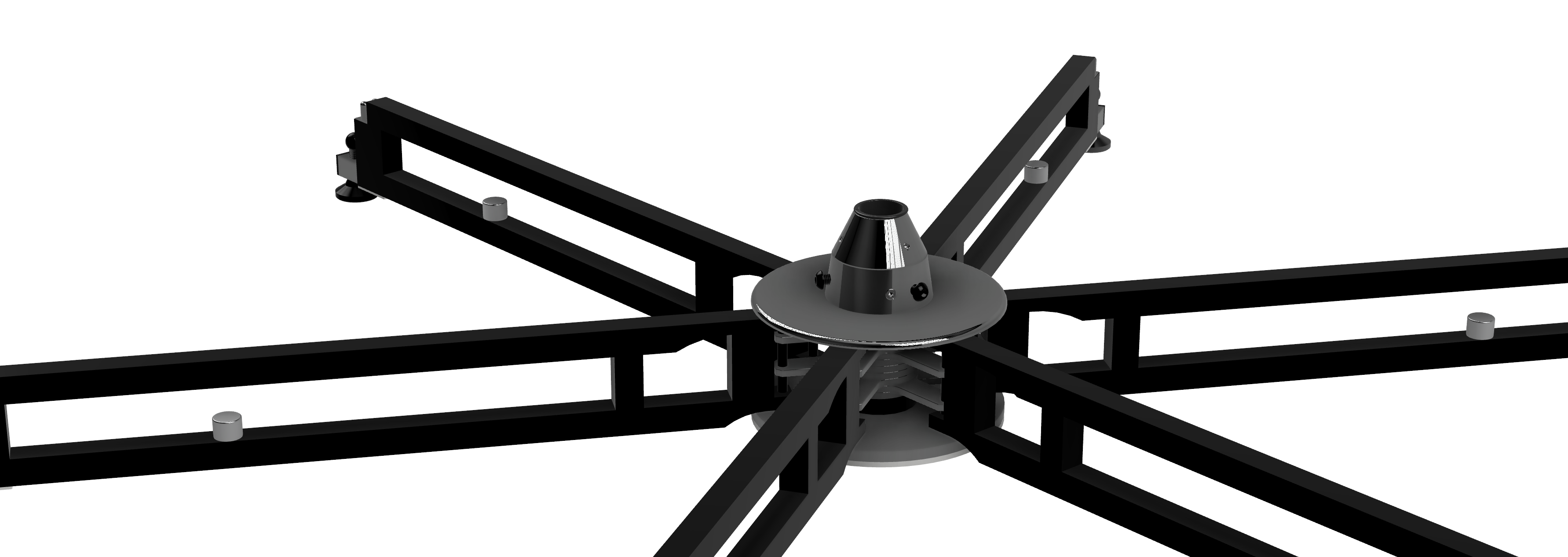 The stage frame fanned out into a six-legged star with no floor plates fitted. The bearing carrier stands up in the middle.