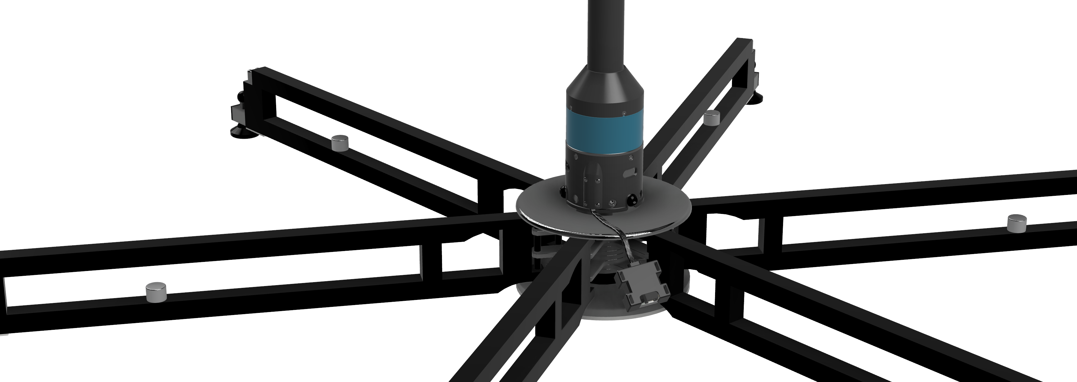 The pole standing in the bare stage frame, with its flat lead running down through the middle of the frame.