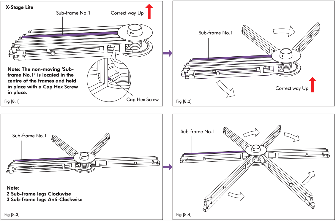 Four line drawings of the X-Stage Lite frame folded, part fanned, and fully fanned into a six-legged star. Sub-frame No.1 is marked in the center and held by a cap hex screw.