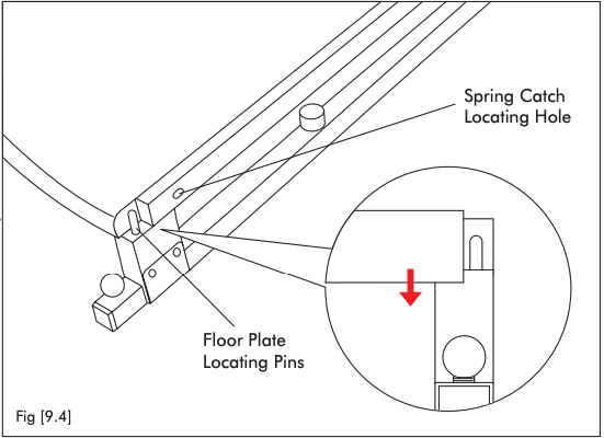 A line drawing of a floor plate corner meeting a sub-frame, labeling the spring catch locating hole and the floor plate locating pins, with a red arrow pointing down.