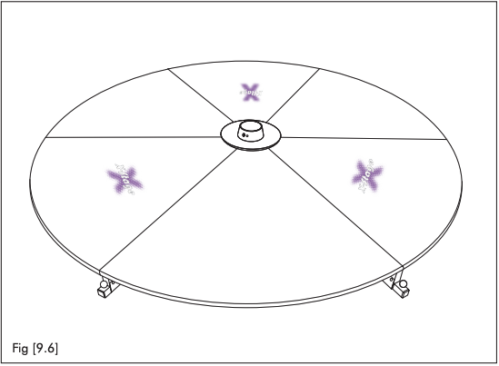 A line drawing of the finished X-Stage Lite: a complete circle of six floor plates around the small center plate.