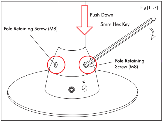 A line drawing of the pole base with a red arrow pressing down on the pole and a hex key in one of two circled pole retaining set screws.