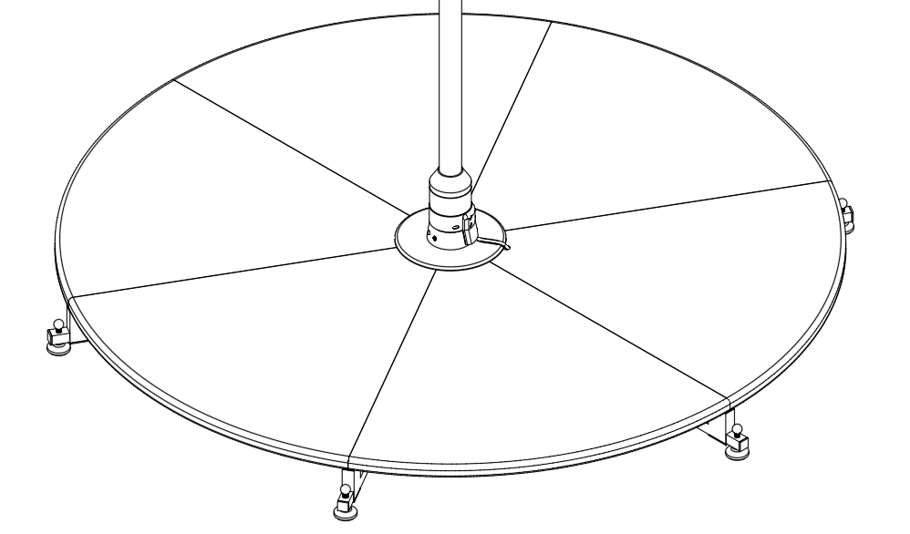 The assembled X-Stage Lite seen from above and slightly to one side. Six wedge-shaped floor plates form a circle around a small center plate, the pole rises from the middle, and six adjuster feet stand under the rim.