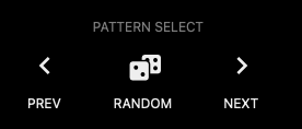The pattern select group at the foot of the page: a left chevron labeled PREV, a dice icon labeled RANDOM, and a right chevron labeled NEXT.