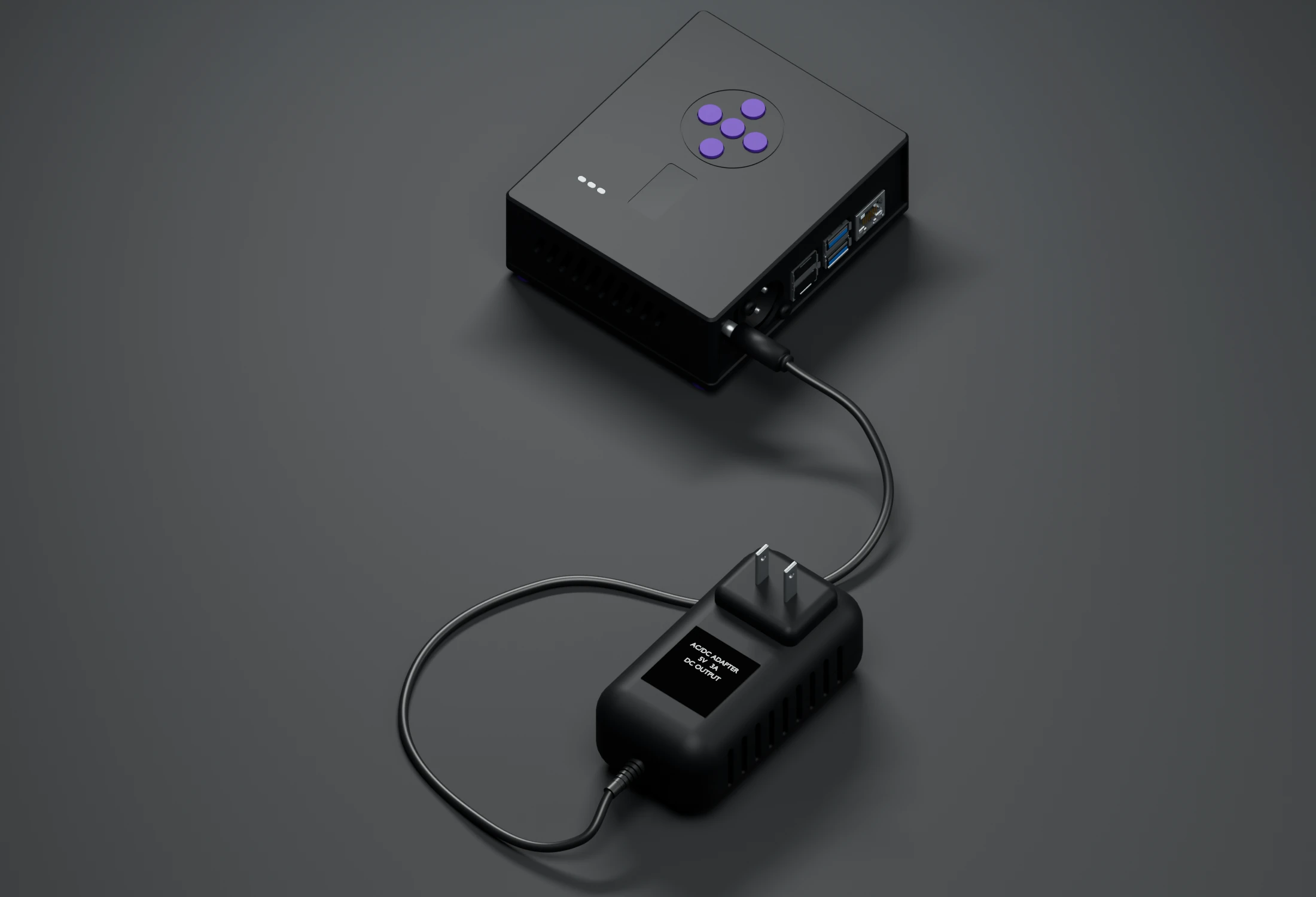 Player connected to an illustrative 5 V, 3 A wall-plug adapter.